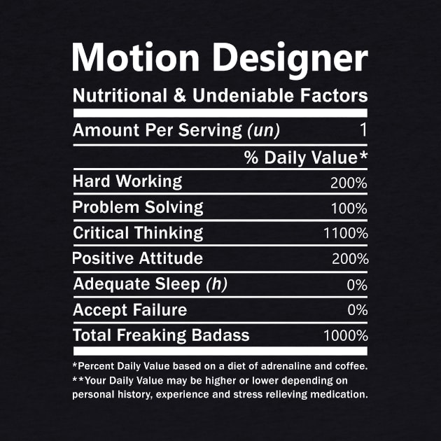 Motion Designer T Shirt - Nutritional and Undeniable Factors Gift Item Tee by Ryalgi